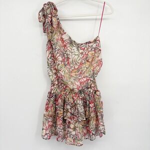 RESET Womens Roka Floral One Shoulder Smocked Boho Mini Dress Ivy Red Size M